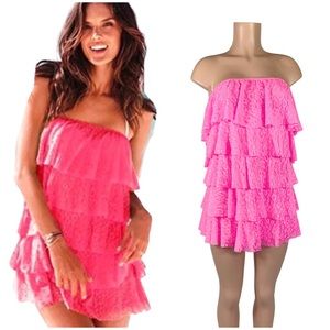 VICTORIAS SECRET BEACH SEXY LEOPARD MESH PINK TIERED RUFFLE DRESS SZ L